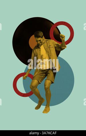 Skizze Bild Artwork Composite 3D Foto Collage des jungen Mannes Lächeln Tanz Vinyl Platte Party Rest sorglose Unterhaltung Nacht Wochenende Stockfoto
