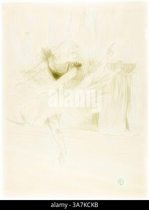 Eine anmutige Balletttänzerin trifft eine dynamische Pose und fängt die Eleganz und die Bewegungsabläufe vor einer sanft anmutenden Kulisse ein. Die Kombination aus geschwungenen Linien und feinen Details unterstreicht die Form der Tänzerin und die ätherische Atmosphäre der Performance. Klassische Kunst mit modernem Touch neu interpretiert von Artotop, Miss Ida Heath, English Dancer, 1894, Henri de Toulouse-Lautrec, Französisch, 1864-1901, Frankreich, Farblithographie auf cremefarbenem Webpapier Stockfoto