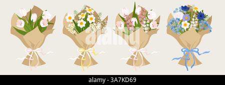 Blumensträuße. Blühende Gartenarbeit Tulpenbunch, Narzissen Bunch und andere. Handgezeichnete Vektor-Illustration Stock Vektor