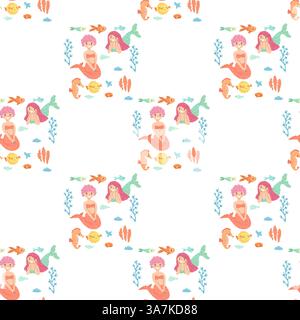 Nahtloses Unterwassermuster mit Meerjungfrauen, Fischen und Meerespflanzen in Pastellfarben. Stock Vektor