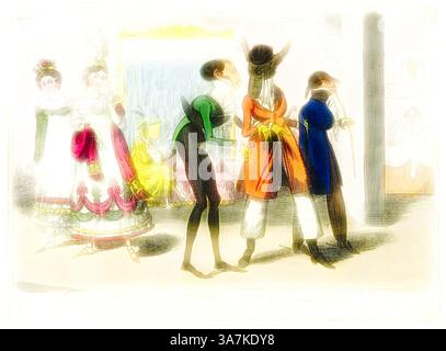 Eine skurrile Szene mit elegant gekleideten Figuren in einer lebendigen Umgebung, die eine Mischung aus bunten Kostümen und verspielten Haltungen zeigt. Im Hintergrund verstärken zusätzliche Charaktere die festliche Atmosphäre und deuten auf eine Feier oder Theateraufführung hin., Klassische Kunst mit modernem Touch neu interpretiert von Artotop, Comparative Anatomy, veröffentlicht am 10. Dezember 1818, Isaac Robert Cruikshank (Englisch, 1789-1856), herausgegeben von S.W. Fores (Englisch, 1761-1838), England, handgefärbte Ätzung auf Papier Stockfoto