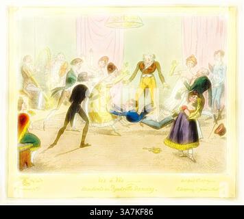 Eine lebendige Szene, die ein humorvolles Tanzproblem während eines großen Balles darstellt, mit elegant gekleideten Figuren, die mitten im Geschehen gefangen werden. Einige Tänzer zeigen fröhliche Bewegungen, während andere überraschend oder amüsant reagieren und den Geist eines lebendigen gesellschaftlichen Treffens einfangen., Klassische Kunst mit einem modernen Twist neu interpretiert von Artotop, Vis a Vis, Unfälle in Quadrille Dancing, veröffentlicht 15. April 1817, George Cruikshank (Englisch, 1792-1878), herausgegeben von Hannah Humphrey (englisch, ca. 1745–1818), England, handkolorierte Ätzung auf Papier Stockfoto