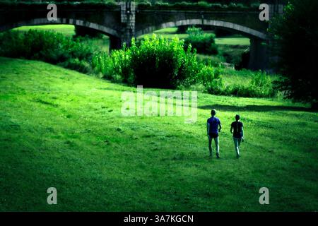 Entlang des Flusses spazieren einige Spaziergänge im grünen Frühsommergras. Stockfoto