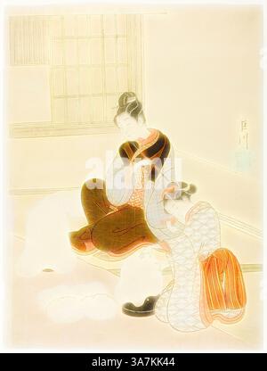 Zwei elegant gekleidete Frauen werden in einer ruhigen Umgebung dargestellt, eine sitzt und in einer nachdenklichen Pose, während die andere neben ihr kniet und sich scheinbar auf eine heikle Aufgabe konzentriert. Ihre traditionellen Kleidungsstücke weisen komplizierte Muster auf, die kulturelle Motive hervorheben. Das Ambiente vermittelt ein Gefühl von Ruhe und Intimität zwischen den Figuren, vor einem sanft gestalteten Hintergrund., Klassische Kunst mit einem modernen Twist neu interpretiert von Artotop, Evening Snow on a Floss Shaper (Nurioke no bosetsu), aus der Serie Acht Views of the Parlor (Zashiki hakkei), um 1766, Suzuki Harunobu 鈴木 春信, Japanisch, 1725 (?) -1 Stockfoto