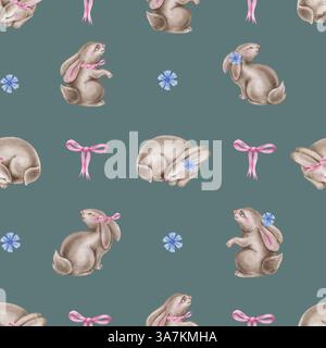 Nahtloses Aquarellmuster mit Kaninchen auf grünem Hintergrund Stockfoto