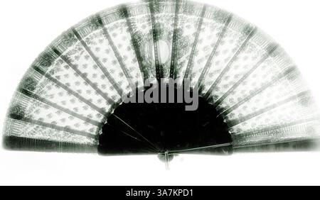 Ein zarter, aufwendig gestalteter Ventilator mit kunstvollen Mustern, der eine wunderschöne Mischung aus Spitze und Handwerkskunst zeigt, elegant aufgefächert. Klassische Kunst mit modernem Touch neu interpretiert von Artotop, Fan, ca. 1875, England, Black Lace Mount, einfache Schildkröte Muschelstangen und -Schutzvorrichtungen, Muschelschlaufe und ein Metallniet, 26,7 cm 26,7 cm (10 1/2 Zoll) Stockfoto