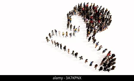 Konzept oder konzeptuelle große Versammlung von Menschen, die ein Bild eines menschlichen Gehirns auf weißem Hintergrund bilden. Eine 3d-Illustration Metapher für die Wissenschaft Stockfoto