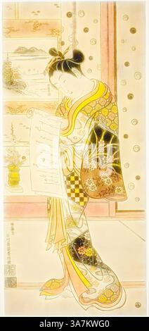 Eine anmutige Frau in einem bunten Kimono steht nachdenklich und hält eine Rolle eleganter Kalligraphie. Der Raum um sie herum zeigt zarte Muster und Anklänge von Natur, die eine ruhige und künstlerische Atmosphäre hervorrufen., Klassische Kunst mit modernem Touch neu interpretiert von Artotop, Kurtisane liest einen Brief, ca. 1745, Ishikawa Toyonobu, Japanisch, 1711-1785, Japan, handkolorierter Holzschnitt, toku-oban, urushi-e Stockfoto