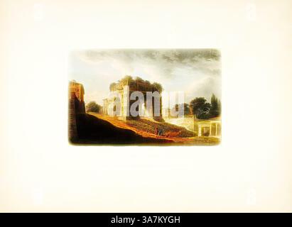 Ein uralter Steinbogen erhebt sich inmitten einer Landschaft voller bewachsener Vegetation, die auf seine historische Bedeutung hinweist. Weiche Wolken ziehen über sich und werfen ein sanftes Licht auf die Überreste einer einst großen Struktur, umgeben von Bäumen und fernen Landschaften., Klassische Kunst mit modernem Twist neu interpretiert von Artotop, Janus’s Arch, Platte zwanzig aus den Ruinen von Rom, veröffentlicht am 6. Dezember 1796, M. Dubourg, (englisch, englisch, englisch, englisch) Active 1786–1838), herausgegeben von J. Merigot (Italienisch, Unknown), England, handkolorierter Aquatint auf Papier Stockfoto