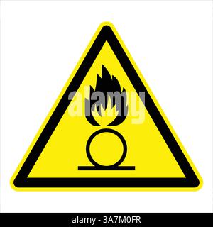 Warnschild für oxidierende Stoffe mit schwarzer Flamme über einem Kreissymbol auf einem gelben Dreieck, das auf potenzielle Brandgefahr hinweist Stock Vektor