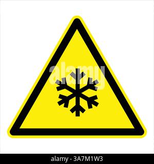 Warnschild mit schwarzer Schneeflocke auf gelbem Dreieck und schwarzem Rand für niedrige Temperaturen oder Eis Stock Vektor