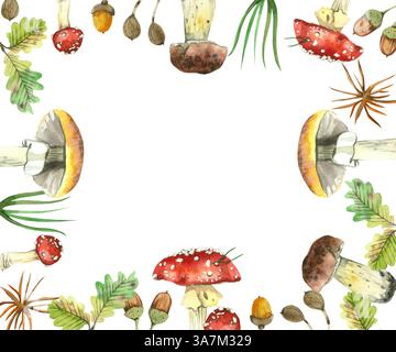 Quadratischer Rahmen. Essbare und giftige Waldpilze, Fliegenpilze, Stachelpilze, Pilze, Eichenblätter, Eicheln. Alle Objekte sind von Hand Stockfoto