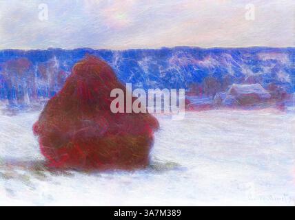 Ein einsamer Heuhaufen steht majestätisch vor einer verschneiten Landschaft, mit einer weichen Farbmischung im Hintergrund, die auf ferne Bäume und Strukturen hinweist und eine ruhige und ruhige Winterszene schafft., Klassische Kunst mit moderner Note neu interpretiert von Artotop, Stack of Wheat (Snow Effect, Overcast Day), 1890/91, Claude Monet, Französisch, 1840-1926, Frankreich, Öl auf Leinwand Stockfoto