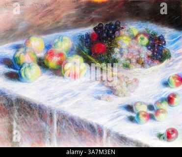 Ein lebendiges Stillleben mit einer Vielzahl von Früchten, einschließlich Äpfeln und Trauben, kunstvoll auf einer strukturierten Tischdecke angeordnet, mit weichen, leuchtenden Farben, die die Gesamtkomposition unterstreichen., Klassische Kunst mit modernem Touch, neu interpretiert von Artotop, Äpfel und Trauben, 1880, Claude Monet, Französisch, 1840-1926, Frankreich, Öl auf Leinwand Stockfoto