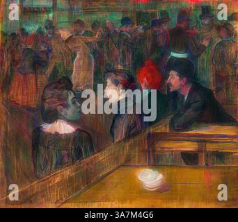 Eine lebendige Szene zeigt elegant gekleidete Figuren, die sich in sozialen Interaktionen engagieren und eine geschäftige Atmosphäre unterstreichen. Im Vordergrund unterhalten sich zwei Frauen mit bemerkenswerten Ausdrücken, während eine Zusammenkunft von Tänzern und Zuschauern im Hintergrund ein Gefühl von Bewegung und Energie erzeugt. Die Verwendung lebendiger Farben verleiht der Umgebung Tiefe und Emotionen., Klassische Kunst mit modernem Touch neu interpretiert von Artotop, Moulin de la Galette, 1889, Henri de Toulouse-Lautrec, Französisch, 1864-1901, Frankreich, Öl auf Leinwand Stockfoto