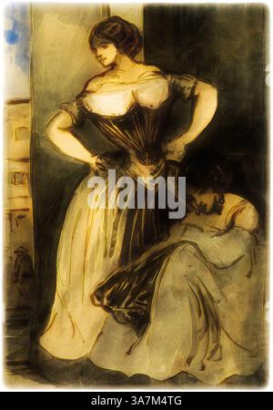 Zwei elegant gekleidete Figuren stehen in markanter Pose. Die Frau im Vordergrund steht selbstbewusst mit Händen auf der Hüfte und zeigt ein dramatisches Kleid mit Kontrastfarben. Die zweite Figur, tief sitzend, strahlt ein Gefühl von Intimität und Besinnung aus, gekleidet in eine einfachere Kleidung. Die Szene vermittelt eine Mischung aus Raffinesse und emotionaler Tiefe. Klassische Kunst mit modernem Twist neu interpretiert von Artotop, Two Women, ca. 1840, Constantin Guys, Französisch, 1802-1892, Frankreich, Stift und braune Tinte mit Pinsel und Aquarell über Spuren von Graphit, auf elfenbeinfarbenem Webpapier Stockfoto