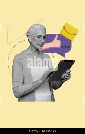 Bildmaterial Foto vertikale Collage von seriösen alten Frauen halten ereader Netzwerk sms Nachricht wie Hand Reaktion Korrespondenz Stockfoto