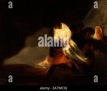 Eine dramatische Szene, die eine Figur darstellt, die von mehreren anderen in wirbelnden Schatten getragen wird. Das Zusammenspiel von Licht und Dunkelheit verstärkt die emotionale Intensität und ruft Themen des Kampfes und der Unterstützung hervor., Klassische Kunst mit modernem Twist neu interpretiert von Artotop, der gehängte Mönch, um 1810, Francisco José de Goya y Lucientes, Spanisch, 1746-1828, Spanien, Öl auf der Platte Stockfoto