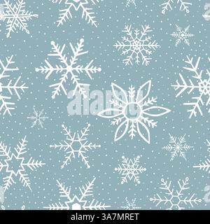 Fallende Schneeflocken auf blauem Hintergrund. Nahtloses Muster mit Schneeflocke. Design Textur Wintersaison für Prints. Handgezeichnete Schneeflocken. Schneeflocken wiederholen Stock Vektor