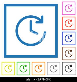 Symbolsatz für die Geschichte der Liniengrafik. Uhr mit Pfeil im Uhrzeigersinn, die die letzten Aktivitäten, Protokolle oder vergangenen Ereignisse darstellt. Verschiedene Konturfarben. Stock Vektor