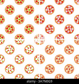 Nahtloses Muster mit verschiedenen Pizzen mit verschiedenen köstlichen Toppings Stock Vektor