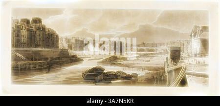 Eine ruhige Flussszene mit eleganten Gebäuden am Ufer, mit Booten auf dem Wasser und einer Brücke, die anmutig im Hintergrund verläuft. Der Himmel deutet auf eine bevorstehende Veränderung hin und wirft dramatische Schatten über die Landschaft., Klassische Kunst mit modernem Touch, neu gestaltet von Artotop, Blick auf die Stadt mit dem Louvre usw., aus Pont Marie, aus Einer Auswahl von zwanzig der malerischsten Aussichten in Paris, 1802, Thomas Girtin, Englisch, 1775-1802, Vereinigtes Königreich, Ätzung weicher Boden, mit Aquatint, gedruckt in schwarzer und grauer Tinte, auf cremefarbenem Webpapier Stockfoto