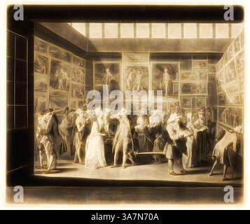 Eine geschäftige Kunstgalerie-Szene voller elegant gekleideter Figuren, die verschiedene Gemälde an den Wänden beobachten und mit ihnen interagieren. Das historische Ambiente spiegelt eine Wertschätzung für die Kunst wider, mit lebhaften Diskussionen und Bewunderungen., Klassische Kunst mit modernem Twist neu interpretiert von Artotop, Ausstellung der Royal Academy of Painting im Jahr 1771, veröffentlicht am 20. Mai 1772, Richard Earlom (Britisch, 1743-1822), nach Michel Vincent Brandoin, genannt l’Anglais (Schweizer, 1733-1790), England, Mezzotint in schwarz auf cremefarbenem Büttenpapier Stockfoto
