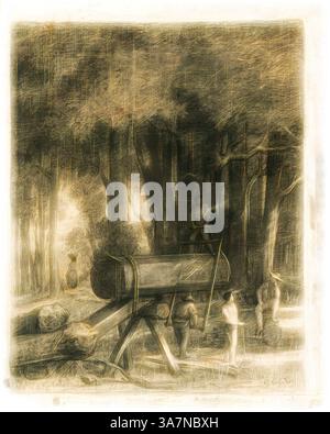 Eine Gruppe von Arbeitern arbeitet in einem dichten Wald an der Holzernte und nutzt einen großen Holzapparat zum Transport von Baumstämmen. Sie umgeben von hohen Bäumen, die eine natürliche, schattige Umgebung schaffen, während mehrere Figuren aktiv am Holzeinschlag beteiligt sind. Die Szene vermittelt ein Gefühl von Arbeit und Verbundenheit mit der Natur., Klassische Kunst mit einem modernen Twist neu interpretiert von Artotop, The Woodcutters, 1860, Gustave Courbet, Französisch, 1819–1877, Frankreich, Kohle und schwarze Kreide, mit Stumpfen, Schaben und Radieren, auf poliertem Webpapier, in Bräune geändert Stockfoto