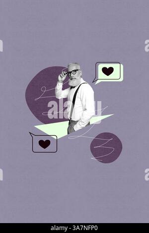 Trendbild vertikale Fotocollage eines seriösen alten Mannes erhalten wie Benachrichtigung Bubble Symbol Feedback Klick Abonnent Teilen Stockfoto
