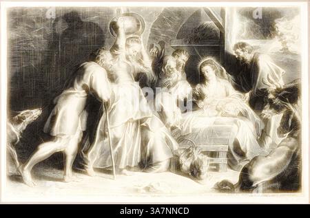 Eine Szene, die die Geburt darstellt, mit Maria und Joseph, die den neugeborenen Jesus liebevoll anstarren. Um sie herum sind Hirten und Tiere, die alle in einem Moment ehrfurchtsvoller Ehrfurcht und Feier zusammengezogen sind. Die Atmosphäre ist erfüllt von Wärme und einem Gefühl von heiligem Staunen., Klassische Kunst mit einem modernen Twist neu interpretiert von Artotop, Anbetung der Hirten, 1620, Lucas Vorsterman (Flämisch, 1595-1675), nach Peter Paul Rubens (Flämisch, 1577–1640), Flandern, Gravur in Schwarz auf elfenbeinfarbenem Büttenpapier Stockfoto