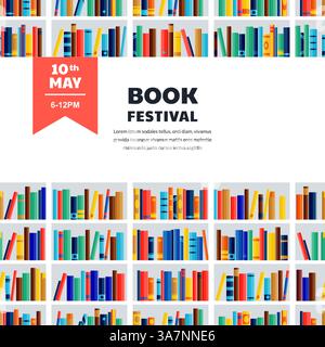 Poster-Vorlage für Bannerbanner für das Buchfestival. Vektor flache Zeichentrickillustration. Bücherregal mit nahtlosem Hintergrund der Büchersammlung. Lern- und Bildungskooperation Stock Vektor