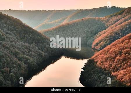 Blick aus der Vogelperspektive auf eine ruhige Landschaft bei Sonnenuntergang mit sanften Hügeln, die mit dichten Wäldern und einem sich windenden Fluss bedeckt sind. Stockfoto