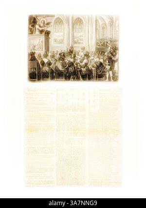 Eine kunstvolle Szene mit einer Figur auf einem Podium, die sich an eine Versammlung aufmerksamer Individuen richtet, die in einem architektonischen Innenraum angesiedelt sind. Unten wird eine historische Proklamation oder Ankündigung beschrieben, die künstlerische Darstellung mit formaler Dokumentation verbindet., Klassische Kunst mit modernem Twist neu interpretiert von Artotop, Danck-Predikatien, Gedaen over de laste slach by Worcheseter, op den 18. September 1651, 1651, Unbekannter Künstler, Niederländisch, 17. Jahrhundert, Niederlande, Gravur in Schwarz auf elfenbeinfarbenem Papier und Buchdruck in Schwarz auf elfenbeinfarbenem Papier, gelegt auf cremefarbene Webkarte Stockfoto