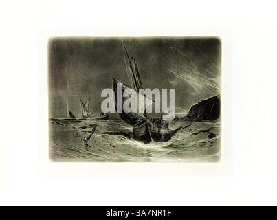 Eine turbulente Meereslandschaft fängt mehrere Boote ein, die unter einem dramatischen Himmel gegen abstürzende Wellen kämpfen, wobei ein Boot deutlich geneigt ist, während es durch die turbulenten Gewässer navigiert. Die Szene vermittelt ein Gefühl von Kampf und Widerstandsfähigkeit angesichts der Kraft der Natur., Klassische Kunst mit modernem Twist neu interpretiert von Artotop, Fischerboot in A Gale, n.d., Eugène Isabey, Französisch, 1803-1886, Frankreich, Lithografie in Schwarz auf cremefarbenem Chine, gelegt auf elfenbeinfarbenem Webpapier (Chine collé) Stockfoto