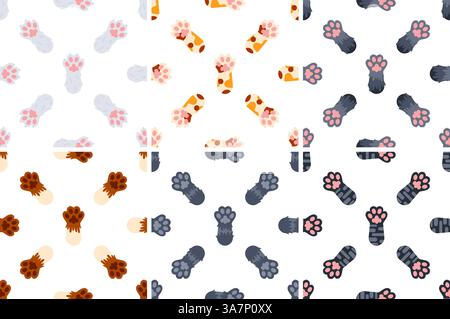 Nahtloses Muster mit bunten Katzenpfoten, die Pfotenpads auf weißem Hintergrund zeigen Stock Vektor