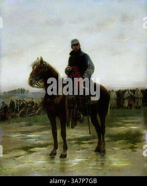 Ein Soldat auf dem Pferd steht selbstbewusst an der Spitze, gekleidet in historischer Militärkleidung mit nachdenklichem Ausdruck. Im Hintergrund deutet eine Zusammenkunft von Menschen und militärischer Ausrüstung auf ein bedeutendes Ereignis oder einen Moment in der Zeit hin, umgeben von einer stimmungsvollen Landschaft., Klassische Kunst mit einem modernen Twist neu interpretiert von Artotop, A Mounted Officer, 1877, Jean Baptiste Edouard Detaille, Französisch, 1848-1912, Frankreich, Öl auf Leinwand Stockfoto