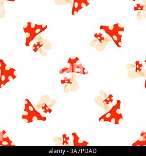 Rote Pilze mit weißen Punkten wachsen auf weißem Hintergrund nahtloses Muster Stock Vektor