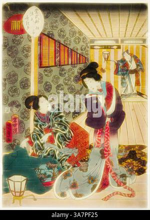 Zwei elegant gekleidete Frauen werden in einem traditionellen Ambiente dargestellt, umgeben von komplizierten Mustern und dekorativen Elementen. Eine Frau steht und scheint sich mit einer Aufgabe zu beschäftigen, während die andere sitzt und beobachtet. Die Szene spiegelt eine Mischung aus Anmut und kulturellem Reichtum wider. Details wie Laternen und Textilien tragen zur Atmosphäre einer historischen Periode bei., Klassische Kunst mit modernem Touch neu interpretiert von Artotop, Kiritsubo, Nr. 1 aus der Serie Murasaki Shikibu’s Genji Cards (Murasaki Shikibu Genji karuta), 1857, Utagawa Kunisada II (Kunimasa III, Toyokuni IV), Japan, 1823–1880, Japan C Stockfoto