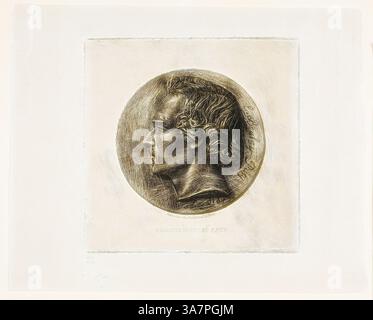 Ein detailliertes Profilporträt einer herausragenden Figur mit komplexen Merkmalen und einem durchdachten Ausdruck, eingerahmt in einem kreisförmigen Design. Das Werk betont die Kunstfertigkeit in den feinen Linien und Texturen, die das Wesen des Motivs einfangen., Klassische Kunst mit modernem Twist neu interpretiert von Artotop, Porträt des Dichters Evariste Boulay-Paty, 1861, Charles Meryon (Französisch, 1821-1868), nach Pierre Jean David d’Angers (Französisch, 1788-1856), gedruckt von Auguste Delâtre (Französisch, 1822-1907), Frankreich, Ätzung in warmem Schwarz auf grauem, gelichem Papier, gelichert Stockfoto