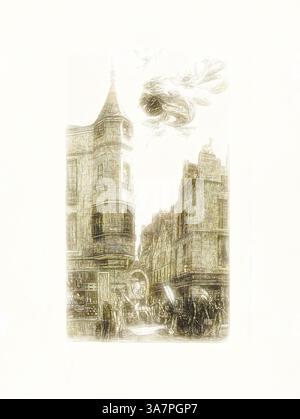 Eine geschäftige Straßenszene fängt die komplizierte Architektur alter Gebäude ein, über denen eine skurrile Wolkenfigur schwebt. Die Menschen vermischen sich und schaffen eine Atmosphäre aus lebhaftem urbanem Leben und zeitlosem Charme., Klassische Kunst mit modernem Touch, neu interpretiert von Artotop, Haus mit einem Turm, Nr. 22, rue de l’Ecole de Médecine, Paris (genannt Turret of Marat), 1861, Charles Meryon, Französisch, 1821-1868, Frankreich, Ätzen auf elfenbeinfarbenem Papier Stockfoto