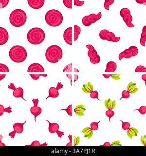 Nahtloses Muster der Roten Bete, das geschnittene und ganze Rüben zeigt Stock Vektor