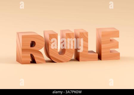 Luxuriöse hölzerne Inschriftregel auf grauem Podium, weiches Licht, glatter Hintergrund, 3D-Rendering-Illustration Stockfoto