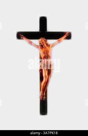 Eine Figur, die Christus darstellt, ist auf einem Kreuz dargestellt und zeigt eine Mischung aus traditionellen religiösen Bildern mit einem lebendigen, beleuchteten Effekt. Die Figur ist mit detaillierten Details und einem fließenden Kleid dargestellt, das das Thema Opfer und Erlösung betont., Klassische Kunst mit einem modernen Twist, neu interpretiert von Artotop, Christus am Kreuz, um 1650, Flämisch, Flandern, Boxwood Stockfoto