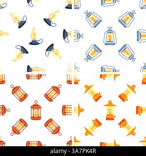 Nahtloses Muster mit farbenfrohen Camping-Öllampen, die die Dunkelheit beleuchten Stock Vektor
