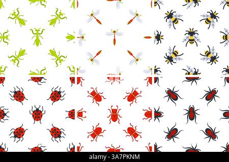 Nahtlose Muster mit Insekten wie Gebetsmantis, Libelle, Biene, Marienkäfer, Käfer und Spinnen Stock Vektor