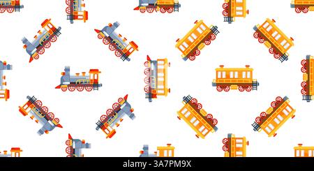 Nahtloses Muster mit Spielzeugzug und Kutsche auf weißem Hintergrund Stock Vektor