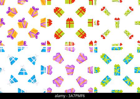 Farbenfrohe Geschenkboxen mit Bändern für ein nahtloses Muster, perfekt für Feiern und festliche Anlässe Stock Vektor