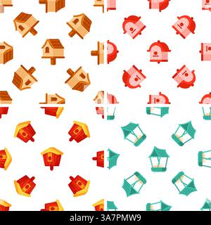 Vier nahtlose Muster mit bezaubernden Vogelhäusern schaffen eine reizvolle Kulisse für Vogelprojekte Stock Vektor