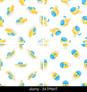 Nahtloses Muster mit Bathyscaphe-Tauchen unter Wasser und Erkundung der Tiefen des Ozeans Stock Vektor