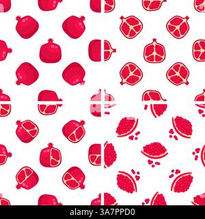 Set von nahtlosen Mustern mit Granatäpfeln, ganz und geschnitten, mit Samen Stock Vektor